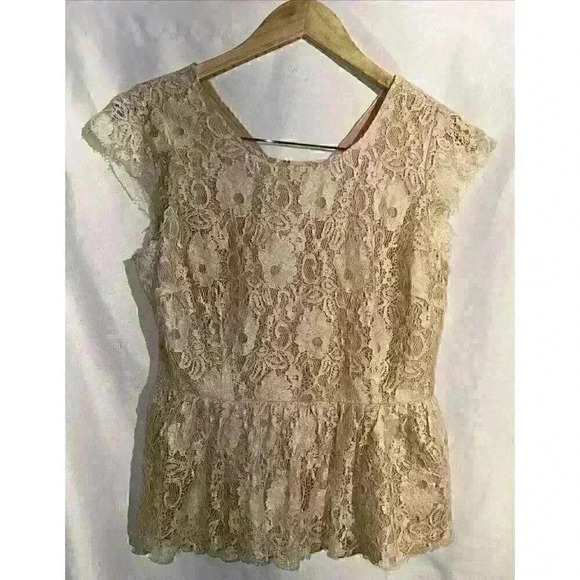 Anthropologie Maeve Katrine Lace Shimmer Peplum Top Blush/Ivory Cream Medium - Picture 2 of 7